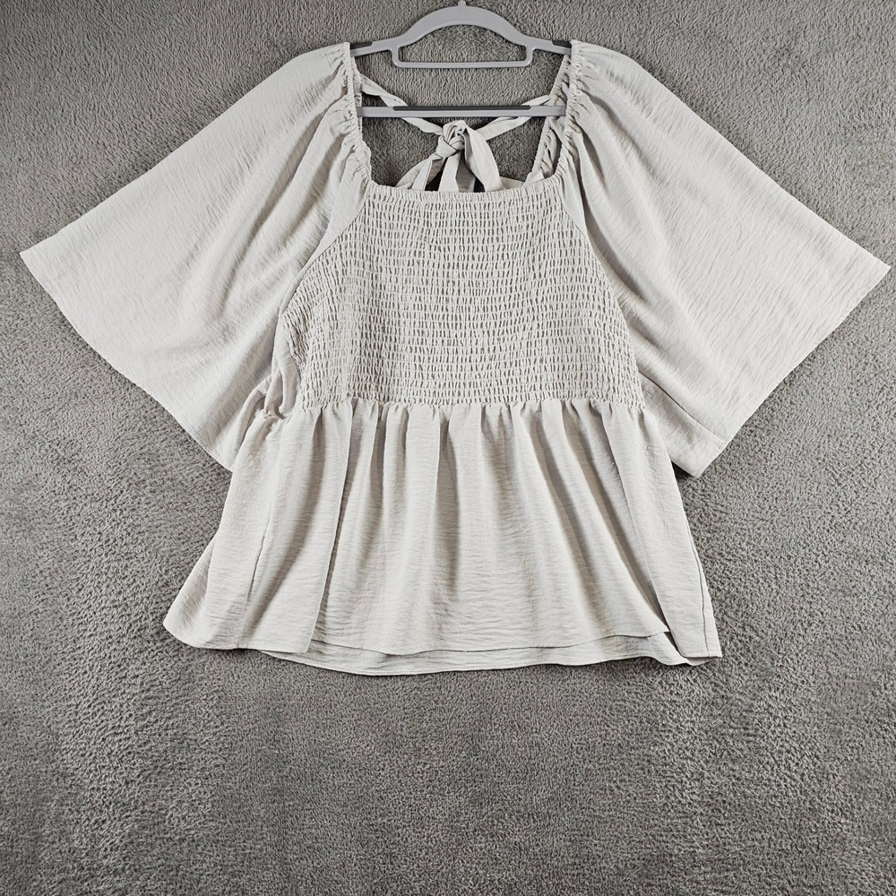 Cato Womens XL Beige Smocked Peplum Blouse Flutter Sleeve Tie Back Top